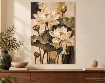 Póster de arte de loto neutro, arte mural botánico moderno, decoración floral Japandi