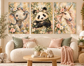 Floral Nursery Wall Art Set of 3: Unicorn, Panda and Elephant Prints