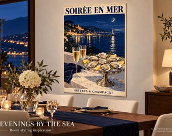 Oysters & Champagne Fine Art Poster, French Riviera Night Wall Art, Coastal Bar Decor