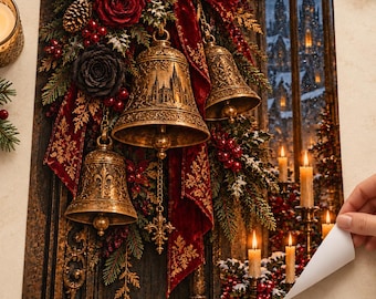 Puede incluir: Una impresión de arte mural rectangular con tres campanas de latón ornamentadas adornadas con cintas de terciopelo rojo oscuro, acebo y piñas. El fondo muestra una ventana de catedral nevada con velas encendidas.