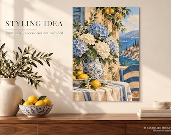 Mediterranean Hydrangea Fine Art Poster, Lemon Coastal Wall Art, Blue White Decor