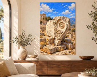 Puede incluir: Una impresión de arte mural vertical que muestra un fragmento arquitectónico de piedra desgastada con una voluta en espiral e inscripciones talladas, sobre un paisaje de ruinas antiguas bajo un cielo azul brillante.