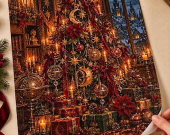 Puede incluir: Una lámina de arte mural rectangular que muestra un árbol de Navidad decorado con adornos celestiales dorados, lazos rojos y velas. La escena incluye un fondo de biblioteca, una ventana nevada a la luz de la luna y regalos.