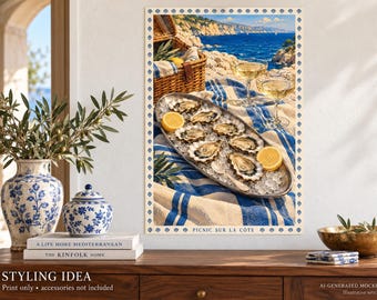 Oyster & Champagne Fine Art Poster, Coastal Picnic Wall Art, French Riviera Decor