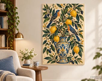 Mediterranean Bird Fine Art Poster, Lemon Botanical Wall Art, Vintage Folk Decor