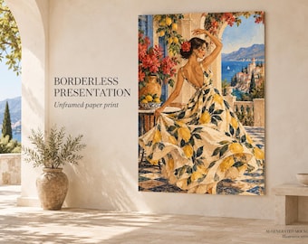 Mediterranean Woman Fine Art Poster, Lemon Dress Wall Art, Romantic Riviera Decor