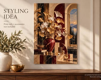 Póster de hojas de ginkgo, arte mural botánico art déco, decoración en oro burdeos.