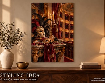 Kunstposter „Maskenball im Opernhaus“, Wandbild mit venezianischer Maske, Dekoration im Stil von Dark Academia