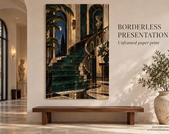 Art Deco Staircase Fine Art Poster, Emerald Green Interior Wall Art, Luxury Decor