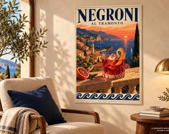 Negroni Cocktail Fine Art Poster, Italian Riviera Wall Art, Vintage Aperitivo Decor