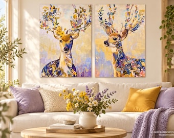 Floral Deer Wall Art Set of 2, Stag and Doe Botanical Prints, Colorful Woodland Decor