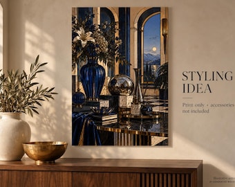 Cobalt Blue Art Deco Fine Art Poster, Luxury Botanical Interior Wall Art