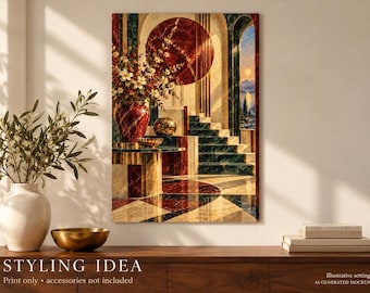 Póster de arte Art Déco para interiores, arte mural geométrico en burdeos y verde, decoración maximalista de lujo.