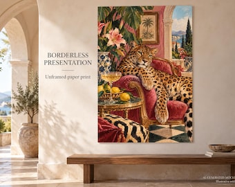 Póster artístico Leopard Lounge, arte mural animal maximalista, decoración glamurosa ecléctica