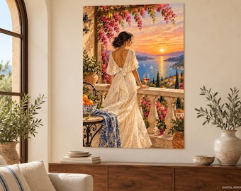 Cuadro decorativo de atardecer mediterráneo, póster artístico de mujer costera, decoración romántica de la Riviera.