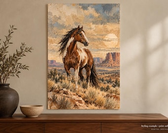 Póster de arte de caballos del oeste, arte mural del desierto del suroeste, decoración ecuestre rústica