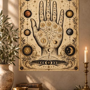 Op de afbeelding: Een rechthoekige wandposter met een centrale illustratie van een open hand, omringd door hemellichamen, planeetsymbolen en sterrenbeelden. Het ontwerp bevat een zon aan de bovenkant, maanfasen en gelabelde cirkels voor Jupiter, Saturnus, Apollo, Mercurius, Mars, Venus en de Maan.