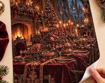 Puede incluir: Una impresión de arte mural rectangular que representa un banquete festivo en un gran salón. La escena muestra una mesa larga con un mantel de terciopelo rojo, un árbol de Navidad decorado, una chimenea y grandes ventanales con paisaje nevado.