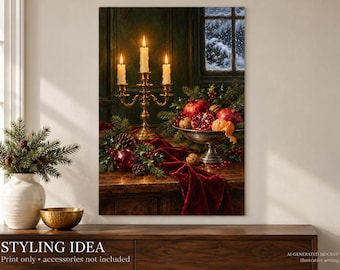 Christmas Still Life Fine Art Poster, Pomegranate Holiday Wall Art, Vintage Candle Decor