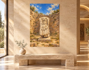 Puede incluir: Una impresión de arte mural que representa una estatua de piedra sin cabeza de una figura con armadura antigua, de pie sobre un pedestal dentro de un muro de piedra circular bajo un cielo azul brillante con nubes y follaje.