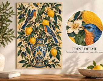 Mediterranean Bird Fine Art Poster, Lemon Botanical Wall Art, Vintage Folk Decor