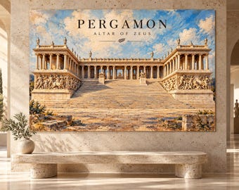 Puede incluir: Una gran impresión de arte mural rectangular que representa el Altar de Zeus de Pérgamo con columnas de piedra, intrincadas esculturas en relieve y amplias escaleras bajo un cielo azul. El texto PERGAMON ALTAR OF ZEUS está impreso en negro.