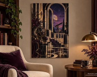 Art Deco Observatory Fine Art Poster, Celestial Astronomy Wall Art, Midnight Purple Decor