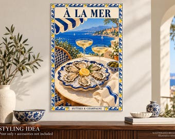 Oysters & Champagne Fine Art Poster, French Riviera Coastal Kitchen Wall Art