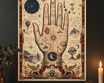 Könnte beinhalten: Ein rechteckiges Wandposter mit dem Titel Palmistry After Hours, das eine zentrale Handillustration mit anatomischen und himmlischen Diagrammen zeigt, darunter ein Herz, ein Gehirn, ein Heißluftballon und ein Kompass in Creme-, Blau- und Rottönen.