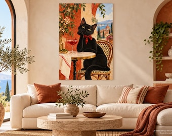 Black Cat Cocktail Fine Art Poster, Whimsical Mediterranean Cafe Wall Art