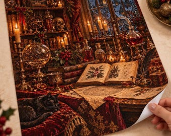 Puede incluir: Una lámina de arte mural rectangular que representa un estudio oscuro y ornamentado lleno de instrumentos celestiales, viales de vidrio, una calavera y un libro abierto con ilustraciones botánicas. Un gato negro descansa sobre un cojín de terciopelo rojo.