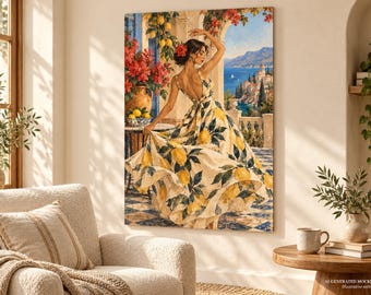 Mediterranean Woman Fine Art Poster, Lemon Dress Wall Art, Romantic Riviera Decor