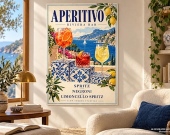 Aperitivo Cocktail Fine Art Poster, Italian Riviera Wall Art, Vintage Bar Decor
