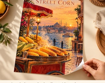 Puede incluir: Una lámina de arte mural rectangular titulada STREET CORN que muestra un carrito de comida rojo con mazorcas de maíz a la parrilla. La escena representa una vista frente al mar con una ciudad al atardecer, barcos y farolillos.