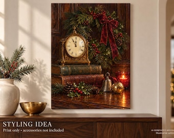 Vintage Christmas Clock Fine Art Poster, Antique Holiday Still Life Wall Art