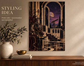 Art Deco Observatory Fine Art Poster, Celestial Astronomy Wall Art, Midnight Purple Decor