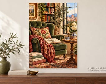 Cozy Reading Nook Fine Art Poster, Sunday Reading Chair Wall Art, Cottagecore Decor