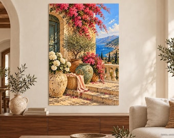 Póster de arte de patio mediterráneo, arte mural de buganvillas, decoración de jardín costero.