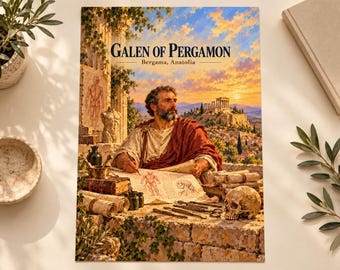 Puede incluir: Un póster rectangular titulado Galen of Pergamon Bergama, Anatolia, que representa a un hombre barbudo con una túnica roja escribiendo en un pergamino con bocetos anatómicos. La escena incluye un cráneo humano, herramientas médicas y ruinas antiguas al atardecer.