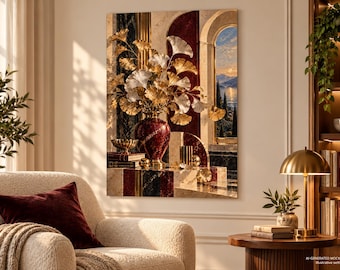 Ginkgo Leaves Fine Art Poster, Art Deco Botanical Wall Art, Burgundy Gold Decor