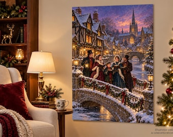 Viktorianische Weihnachtslieder-Poster, Wandbild mit verschneitem Dorf, Weihnachtsdekoration im Stil der Alten Welt
