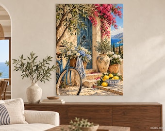 Póster artístico de bicicleta mediterránea, arte de pared para puerta azul, decoración veraniega costera