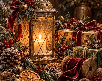 Könnte beinhalten: Eine goldene Metalllaterne mit einer brennenden weißen Kerze, geschmückt mit Tannenzweigen, roten Beeren und einer roten Samtschleife. Daneben liegen verpackte Geschenke, eine Holzspule mit rotem Samtband, getrocknete Orangenscheiben und Tannenzapfen.