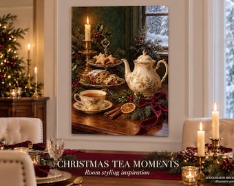 Christmas Tea Still Life Fine Art Poster, Vintage Holiday Kitchen Wall Art