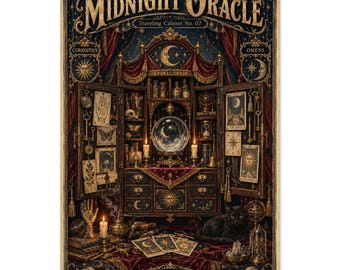 Puede incluir: Un póster rectangular titulado The Midnight Oracle Traveling Cabinet No. 07, que muestra un gabinete oscuro con una bola de cristal, cartas del tarot, un gato negro, velas y motivos celestiales en tonos oro, azul y rojo.