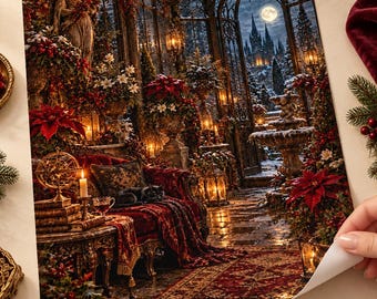Puede incluir: Una impresión rectangular que muestra una escena invernal dentro de un invernadero de cristal lleno de flores de pascua rojas, un sofá de terciopelo rojo con un gato negro, una fuente de piedra y un castillo lejano bajo la luna.