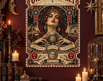 Puede incluir: Una pieza de arte mural rectangular con forma de boleto antiguo titulada The Oracle's Ticket 1911 Carnival Ephemera. Presenta una ilustración central de una persona sosteniendo una bola de cristal, rodeada de imágenes de carnaval, estrellas y texto.