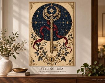 Celestial Key Fine Art Poster, Mystical Moon Phase Wall Art, Dark Academia Decor
