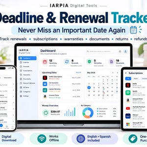 Può includere: Un tracker digitale per scadenze e rinnovi di Iarpia Digital Tools visualizzato su un computer portatile, uno smartphone e un tablet. L'interfaccia mostra dashboard per abbonamenti, garanzie e documenti con calendario e grafici.