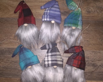 Woodland Gnome Ornaments / Flannel Gnome Hat / Grey Faux Fur / Christmas